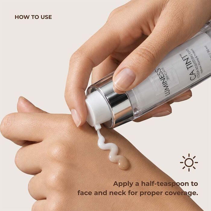 How to apply LUMINESS CA Tint SPF 50 Color Adjusting Tinted Moisturizer to face and neck