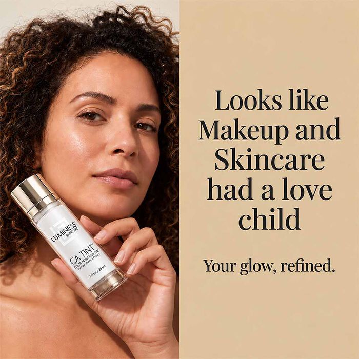 Woman holding LUMINESS CA Tint Color Adjusting Tinted Moisturizer for a natural radiant look