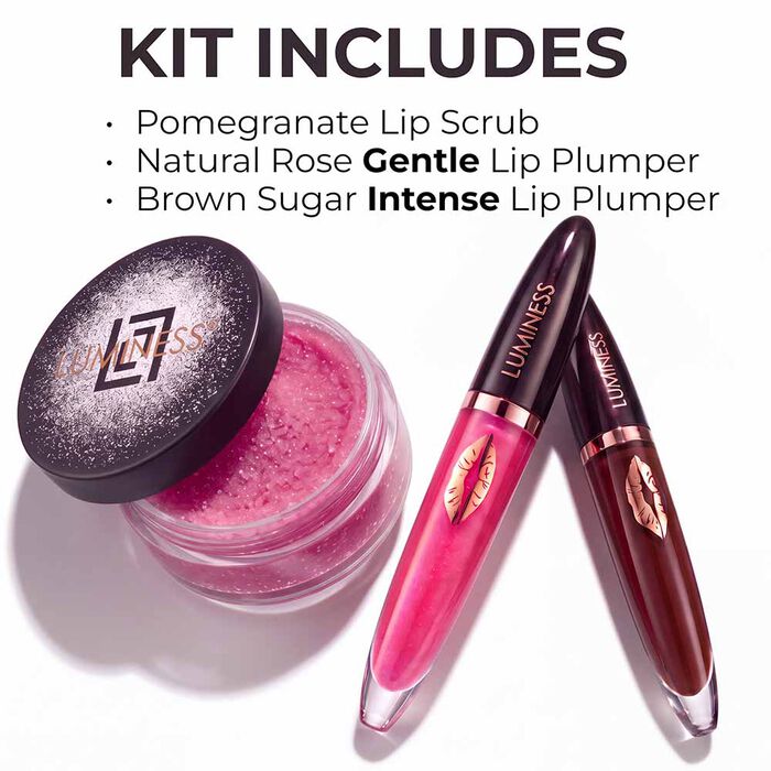 Luminess Ultimate Lip Plumping Kit includes pomegranate lip scrub, natural rose gentle lip plumper, and brown sugar intense lip plumper
