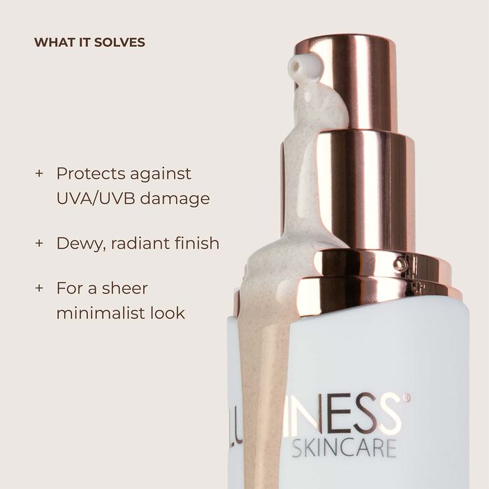 Before and after results using Luminess Color Adjusting Tinted Moisturizer SPF Kit showing smoother and more even-looking skin with a radiant finish.