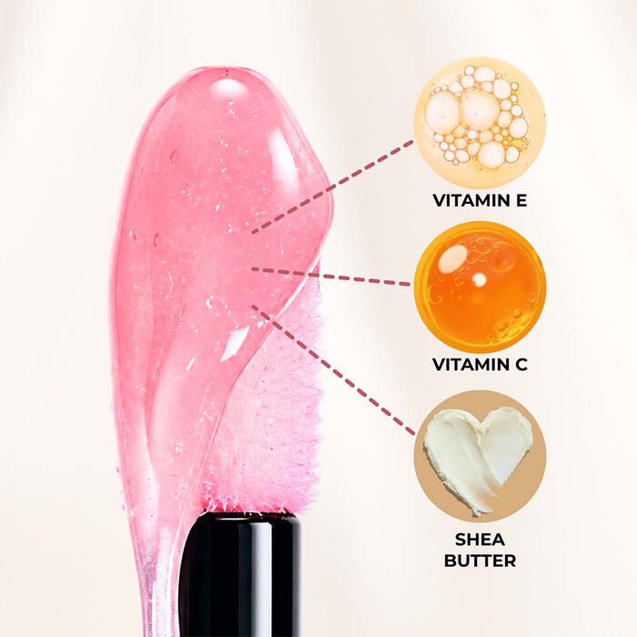 Luminess lip plumper ingredient graphic featuring Vitamin E, Vitamin C, and shea butter