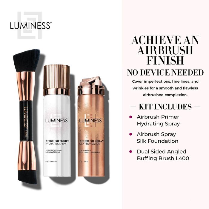  Luminess Silk 4-in-1 Airbrush Foundation Makeup Starter Kit -  Fair Coverage, 6-piece - Includes 2x Silk Airbrush Foundation, Blush, Glow  Highlighter, Moisturizer Primer & Airbrush Cleaning Solution : Beauty &  Personal Care