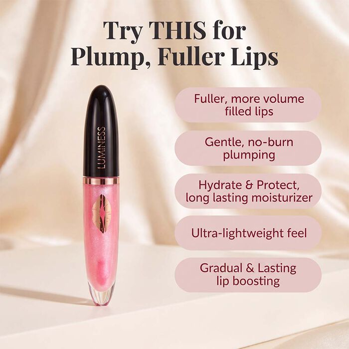 Luminess lip plumper highlighting fuller-looking lips, gentle plumping, hydration, and a lightweight glossy feel