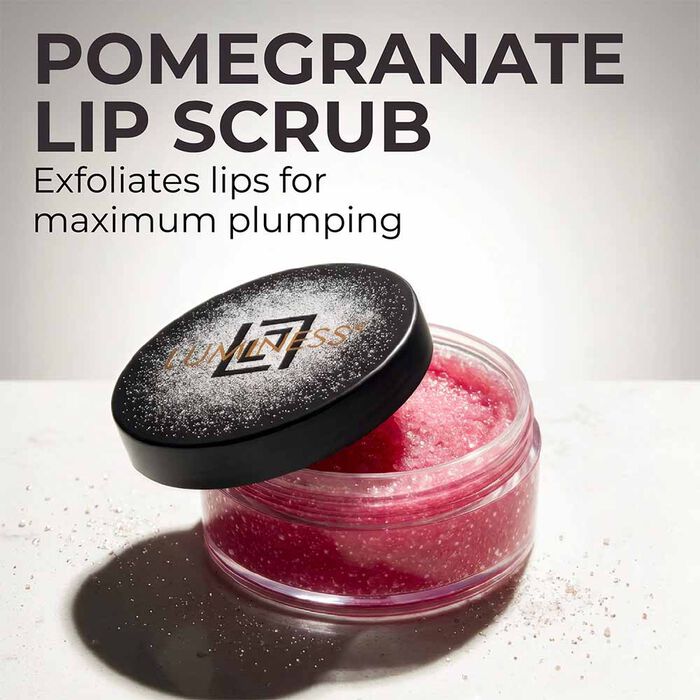 Luminess Pomegranate Lip Scrub with exfoliating sugar to help smooth lips before applying lip plumper