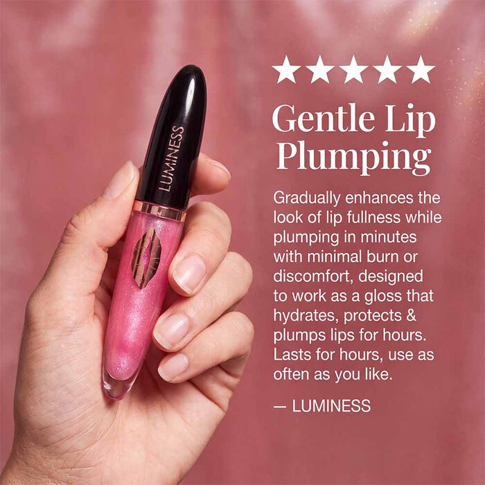 Luminess Gentle Lip Plumper held in hand with product information about a gradual lip-plumping effect and glossy-looking lips