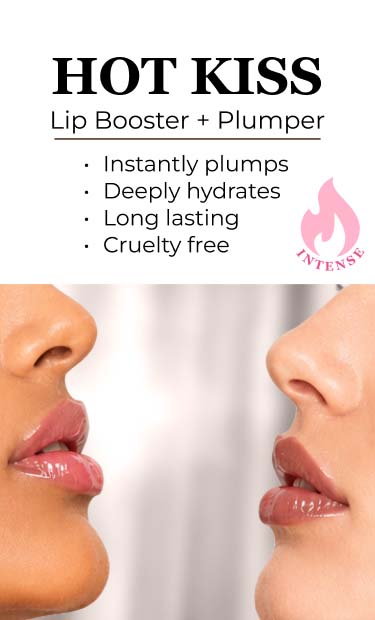 Beauty model wearing Hot Kiss Lip Plumper with smooth hydrated lips and natural shine