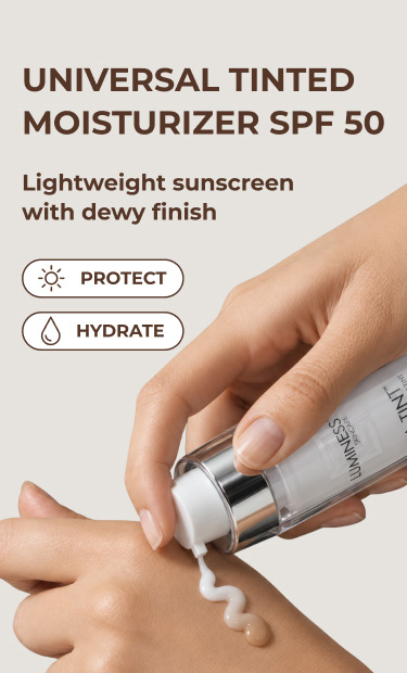 LUMINESS CA Tint Universal Tinted Moisturizer SPF 50 lightweight sunscreen with dewy finish.