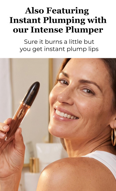 Woman holding Luminess intense lip plumper for a fuller-looking lip appearance