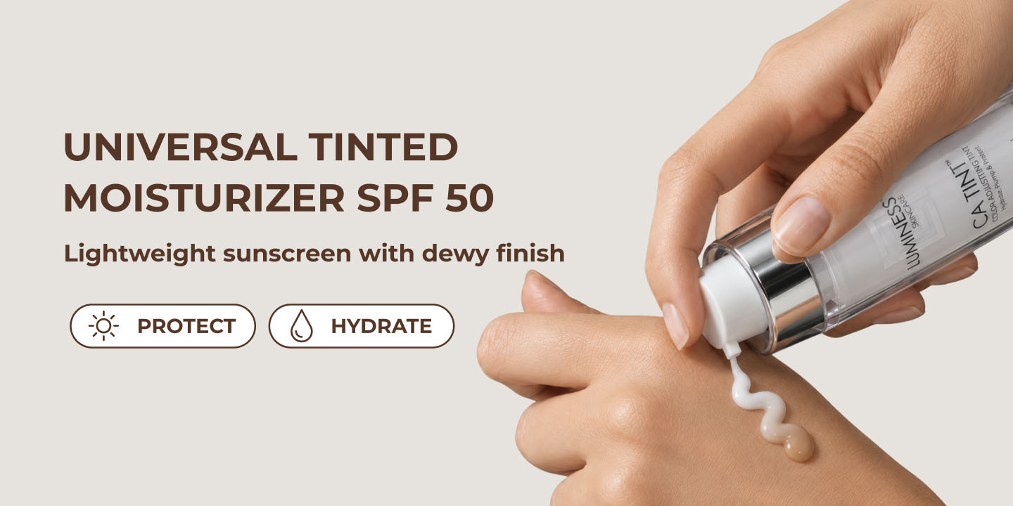 LUMINESS CA Tint Universal Tinted Moisturizer SPF 50 with lightweight sunscreen and dewy finish.