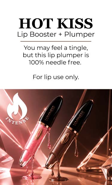 Luminess Hot Kiss Lip Plumper featuring a shiny pink lip gloss formula designed to create fuller-looking lips without needles