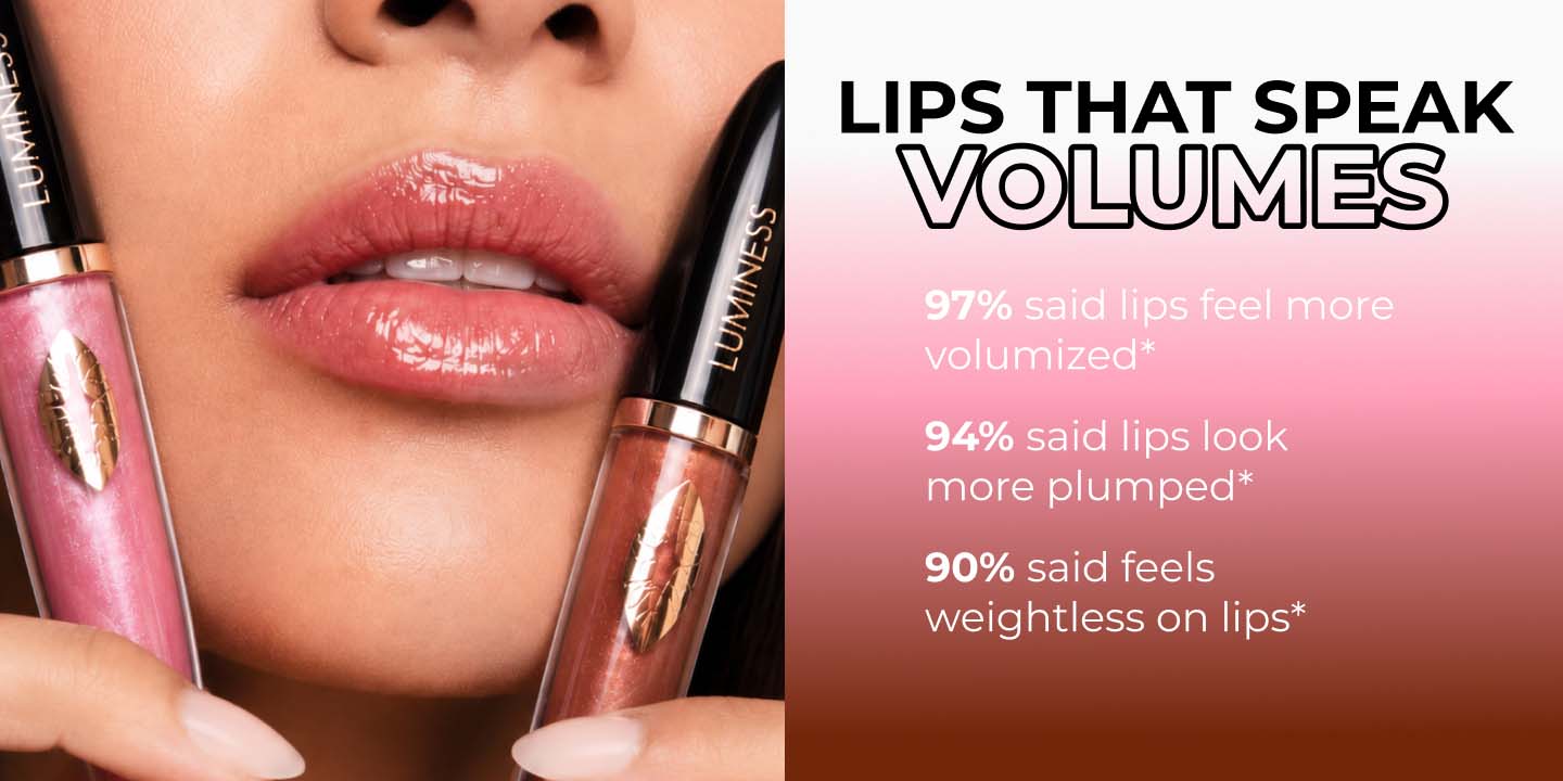 Beauty model wearing Hot Kiss Lip Plumper with smooth hydrated lips and natural shine