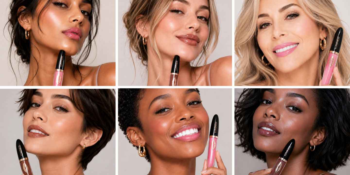 Luminess Hot Kiss Lip Plumper shown on multiple skin tones to demonstrate universal wearability