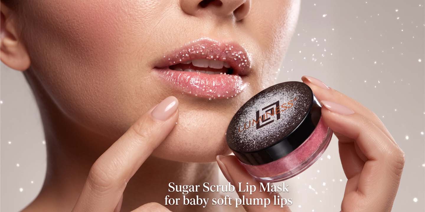 Luminess pomegranate sugar scrub lip mask shown beside glossy lips for a soft, smooth-looking pout
