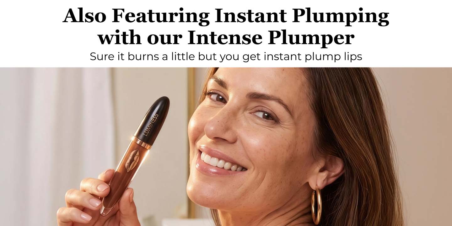 Woman holding Luminess intense lip plumper highlighting an instant plumping effect and fuller-looking lips