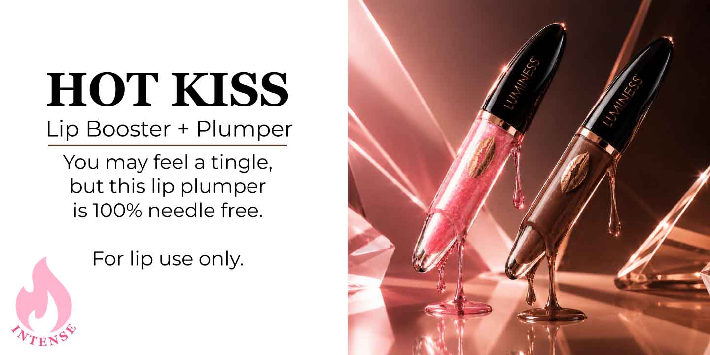 Luminess Hot Kiss Lip Plumper featuring a shiny pink lip gloss formula designed to create fuller-looking lips without needles